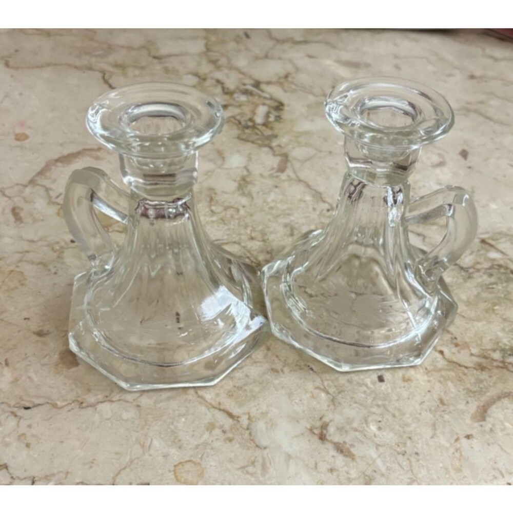 Vintage Pair Chamber Candle Stick Holders Etched Floral w/Handle Loop MINT COND